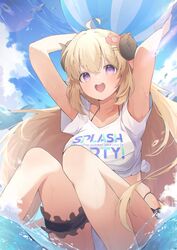  :d ahoge armpits blonde_hair blue_sky breasts eat_some_cookie fake_horns female highres hololive horns large_breasts long_hair open_mouth outdoors sheep_girl sheep_horns sky smile solo swimsuit tsunomaki_watame virtual_youtuber water wet 