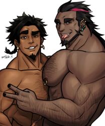  2boys arm_hair bara beard black_hair braid braided_ponytail captive_bead_ring chest_hair dark-skinned_male dark_skin earrings facial_hair forehead forked_tongue from_side goatee hairy hand_hair huge_eyebrows jewelry knuckle_hair large_pectorals long_sideburns looking_at_viewer male_focus masa_(mshk_s) mature_male multicolored_hair multiple_boys muscular muscular_male nipple_piercing nipple_rings nipples nude original pectorals piercing pink_hair seductive_smile sideburns sideburns_stubble smile streaked_hair stubble thick_eyebrows thick_neck tongue tooth_earrings tribal v yaoi 