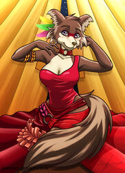  2020 accessory anthro beastars breasts brown_body brown_fur canid canine canis choker cleavage clothed clothing countershading dress feather_in_hair feathers female fluffy fluffy_tail fur hair hair_accessory jewelry juno_(beastars) makeup mammal necklace one_shoulder_out purple_eyes red_clothing red_dress single_strap single_strap_clothing single_strap_dress solo soronous tail white_body wolf 