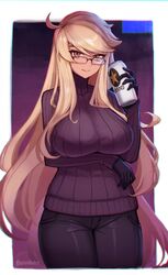  alma_armas arm_under_breasts black-framed_eyewear black_gloves black_pants blonde_hair breasts brown_eyes closed_mouth dark-skinned_female dark_skin female glasses gloves highres large_breasts long_hair long_sleeves pants psidubs ribbed_sweater smile solo sweater twitter_username va-11_hall-a 