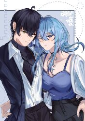  1boy absurdres alternate_costume black_hair black_jacket black_pants black_shirt blue_hair blue_shirt breasts cleavage closed_mouth collarbone colored_eyelashes commentary ebonyblue00 female highres jacket large_breasts looking_at_viewer male_rover_(wuthering_waves) one_eye_closed pants parted_lips partially_open_jacket purple_eyes rover_(wuthering_waves) shirt shirt_tucked_in shorekeeper_(wuthering_waves) smile symbol-only_commentary watch white_jacket white_shirt wristwatch wuthering_waves yellow_eyes 