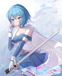  blue_dress blue_eyes blue_hair breasts cape chinese_commentary commentary_request douyou_ban_fan dress female gloves hair_ornament highres holding holding_sword holding_weapon mahou_shoujo_madoka_magica mahou_shoujo_madoka_magica_(anime) medium_breasts miki_sayaka miki_sayaka_(magical_girl) sample_watermark short_hair solo sword thighs watermark weapon white_cape white_gloves 