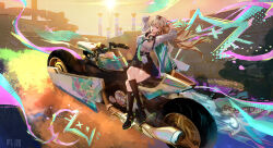  absurdres aqua_necktie black_shoes black_skirt black_socks blonde_hair breasts crossed_legs female hair_between_eyes hair_ornament headphones headphones_around_neck highres id_card logo long_hair looking_at_viewer lynae_(wuthering_waves) medium_breasts motor_vehicle motorcycle necktie open_mouth purple_eyes shirt shoes skirt skull_hair_ornament smile socks solo tacet_mark_(wuthering_waves) white_shirt wuthering_waves zhiyingnianling 