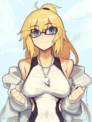  bare_shoulders blonde_hair blue_eyes boa_(brianoa) breasts collarbone fate/grand_order fate_(series) female glasses high_ponytail highres jacket jeanne_d'arc_(fate) jeanne_d'arc_(swimsuit_archer)_(second_ascension)_(fate) large_breasts long_hair looking_at_viewer one-piece_swimsuit ponytail revision smile solo swimsuit very_long_hair whistle whistle_around_neck white_jacket white_one-piece_swimsuit 