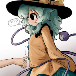  1other ? ?? commentary_request eye_taped_shut female finger_to_another's_stomach from_side green_hair hat hat_ribbon heart heripantomorrow komeiji_koishi long_sleeves ribbon shirt skirt sweat touhou upper_body yellow_shirt 