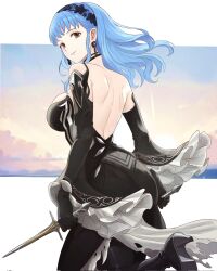  alternate_costume ass backless_dress backless_outfit bare_back black_boots black_dress black_gloves black_hairband blue_hair boots breasts brown_eyes choker closed_mouth commentary cosplay dagger dress earrings eir_(fire_emblem) eir_(fire_emblem)_(cosplay) english_commentary female fire_emblem fire_emblem:_three_houses fire_emblem_heroes fire_emblem_warriors:_three_hopes from_behind gloves hairband high_heels highres holding holding_dagger holding_knife holding_weapon jewelry knife large_breasts leg_up long_hair long_sleeves looking_back marianne_von_edmund official_alternate_hairstyle outdoors second-party_source skindentation smile solo sunset thigh_boots truejekart walking weapon 