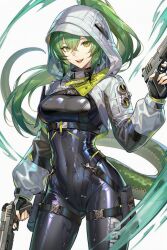  arknights arknights:_endfield black_bodysuit black_gloves bodysuit breasts commentary covered_navel cowboy_shot crossed_bangs dual_wielding female fingerless_gloves fluorite_(arknights) gloves green_eyes green_hair green_tail gun handgun highres holding holding_gun holding_weapon hood hood_up hooded_shrug kisaragi_shokuin large_breasts lizard_tail looking_at_viewer open_mouth reptile_girl shrug_(clothing) simple_background slit_pupils solo tail teeth upper_teeth_only water_drop weapon wet wet_clothes white_background white_shrug 