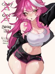  absurdres alternate_costume animal_ears arm_up black_jacket black_shorts breasts cat_ears cat_girl cleavage female highres hololive hololive_english jacket large_breasts long_hair looking_at_viewer navel open_mouth pink_hair raora_panthera shirt shorts solo suliavtuber virtual_youtuber white_background white_shirt white_streaks yellow_eyes 