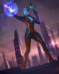  absurdres alien asari_(mass_effect) black_bodysuit blue_skin bodysuit breasts building city clip_studio_paint_(medium) colored_skin commentary dalejomej english_commentary female full_moon gun hand_up highres holding holding_gun holding_weapon mass_effect_(series) medium_breasts moon multicolored_bodysuit red_bodysuit samara_(mass_effect) skyscraper solo two-tone_bodysuit weapon 
