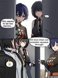  ... 3girls absurdres arknights arknights:_endfield bare_shoulders belle_(zenless_zone_zero) black_dress black_gloves black_hair black_jacket black_shirt breasts closed_mouth commentary cross-laced_clothes cross-laced_dress crossover crying_emoji dorahdew dress emoji endministrator_(arknights) english_commentary english_text female_endministrator_(arknights) female_rover_(wuthering_waves) flat_chest_joke gloves grey_shirt hair_between_eyes hair_ornament highres jacket jewelry large_breasts letter_hair_ornament light_blush looking_at_another multiple_crossover multiple_girls necklace no_jacket open_mouth partially_fingerless_gloves pointing pointing_forward rover_(wuthering_waves) shirt smile spoken_ellipsis spoken_emoji sweatdrop thumbs_up treasure_chest wuthering_waves yellow_eyes zenless_zone_zero 