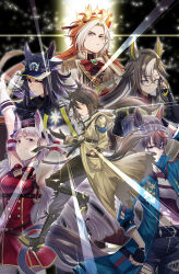  6+girls absurdres ahoge animal_ears armband armpits arms_up ascot asymmetrical_footwear asymmetrical_shirt beanie black_ascot black_boots black_coat black_gloves black_hair black_jacket black_pants black_shirt black_shorts blue_coat blue_eyes blunt_bangs blush boots bow bowtie breasts brown_eyes brown_hair brown_hat closed_mouth coat collared_shirt commentary_request crossed_arms denim dice dice_necklace dice_pendant dream_journey_(reminder_of_dreamland)_(umamusume) dream_journey_(umamusume) dress ear_bow ear_covers ear_ornament ears_through_headwear eyewear_strap fenomeno_(black_flames_of_the_righteous_spirit)_(umamusume) fenomeno_(umamusume) fingerless_gloves fish flipped_hair glasses gloves goggles goggles_around_neck gold_ship_(red_strife)_(umamusume) gold_ship_(umamusume) grey_hair grey_hat hair_between_eyes hand_in_pocket hat highres horse_ears horse_girl horse_tail horseshoe_hat_ornament horseshoe_ornament horseshoe_print jacket jeans jewelry knife_sheath lace lace_sleeves large_breasts long_hair long_sleeves looking_at_viewer midnavel multicolored_hair multiple_girls nakayama_festa_(shichuukyuukatsu)_(umamusume) nakayama_festa_(umamusume) necklace orange_hair orfevre_(control)_(umamusume) orfevre_(umamusume) pants pantyhose peaked_cap pillbox_hat puffy_sleeves purple_eyes purple_hair red_bow red_bowtie red_dress red_shirt sheath shirt shorts single_ear_cover sleeveless sleeveless_dress smile stay_gold_(sunlit_outsider)_(umamusume) stay_gold_(umamusume) stay_gold_clan_(umamusume) striped_armband striped_clothes tail tawashi_hechima torn_clothes torn_coat torn_jeans torn_pants torn_shirt two-tone_hair umamusume white_boots white_coat white_gloves white_hair white_pantyhose white_shirt wrist_belt yellow_coat 