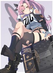  aqua_nails asymmetrical_bangs asymmetrical_legwear bare_shoulders black_boots black_ribbon black_socks black_thighhighs blue_nails blush boots border breasts commentary crop_top crossed_legs feet female full_body grey_eyes hair_ornament hair_ribbon hand_up highres huge_breasts impossible_clothes impossible_shirt long_hair looking_at_viewer mole mole_under_eye nail_polish navel nicole_demara no_shoes pink_hair pink_nails purple_background ribbon shirt short_shorts shorts single_boot sitting skindentation smile smug socks soles solo thick_thighs thigh_strap thighhighs thighs toe_seam toes twintails very_long_hair white_border ynfkin zenless_zone_zero 