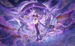  abstract_background blunt_bangs braid breasts bufangkibu cleavage drawing_sword english_commentary female full_body genshin_impact glowing glowing_sword glowing_weapon hair_ornament highres holding holding_sword holding_weapon huge_breasts human_scabbard japanese_clothes kimono lingerie looking_at_viewer mole mole_under_eye musou_isshin_(genshin_impact) off_shoulder purple_background purple_eyes purple_hair purple_kimono purple_thighhighs raiden_shogun red_sash sash solo standing sword sword_between_breasts thighhighs underwear weapon 