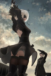  1boy 2b_(nier:automata) 9s_(nier:automata) absurdres arm_up arms_up ass back_cutout black_boots black_choker black_dress black_gloves black_hairband black_jacket black_thighhighs blindfold blue_sky boots breasts choker clothing_cutout cloud cloudy_sky commentary_request covered_eyes dress facing_up feather-trimmed_sleeves feet_out_of_frame female gloves grey_hair hairband highres jacket juliet_sleeves long_sleeves medium_breasts mitsuki_nite mole mole_under_mouth nier:automata nier_(series) outdoors parted_lips pendant_choker puffy_sleeves short_hair sky standing stretching thigh_boots thighhighs thighhighs_under_boots turning_head underbutt 