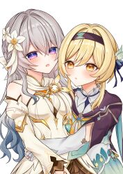 2girls absurdres aqua_skirt black_hairband black_jacket blonde_hair breasts commentary_request cosplay costume_switch cowboy_shot detached_sleeves dress firefly_(honkai:_star_rail) firefly_(honkai:_star_rail)_(cosplay) flower genshin_impact gradient_hair grey_hair hair_flower hair_ornament hairband highres honkai:_star_rail honkai_(series) hug jacket long_hair long_sleeves looking_at_viewer lumine_(as_heaven_and_earth_are_made_anew)_(genshin_impact) lumine_(genshin_impact) lumine_(genshin_impact)_(cosplay) medium_breasts mihoyo multicolored_hair multiple_girls name_connection neckerchief official_alternate_costume open_mouth orange_neckerchief purple_eyes shirt short_hair_with_long_locks simple_background skirt str_sawa white_background white_dress white_shirt yellow_eyes 
