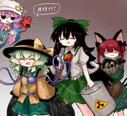  4girls animal_ears arm_cannon bird_wings black_bow black_eyes black_hat black_wings blowing_whistle blue_shirt bow braid brown_hair buttons cat_ears cat_tail closed_eyes commentary_request control_rod_(touhou) corpse diamond_button dress drum_(container) eyeball floral_print frilled_dress frilled_shirt_collar frilled_sleeves frills green_bow green_dress green_hair green_skirt hair_ornament hairbow hat hat_bow hat_ribbon heart heart_button heart_hair_ornament heart_of_string heripantomorrow holding holding_sack kaenbyou_rin komeiji_family_(touhou) komeiji_koishi komeiji_satori multiple_girls multiple_tails nekomata nightcap pink_hair radiation_symbol radioactive red_hair reiuji_utsuho ribbon rose_print sack shirt siblings sisters skirt sleeves_past_wrists smile speech_bubble tail third_eye third_eye_on_chest touhou trash trash_bag twin_braids two_tails weapon whistle white_shirt wide_sleeves wings yellow_bow yellow_ribbon yellow_shirt 