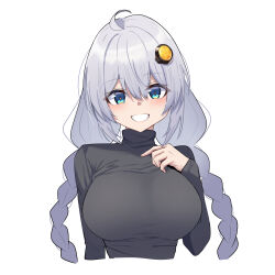  absurdres ahoge arm_at_side black_shirt blue_eyes blush braid breasts chougoukin_potato commentary_request cropped_torso female grey_hair hair_between_eyes hair_ornament hand_on_own_chest hand_up highres kizuna_akari large_breasts long_hair long_sleeves looking_at_viewer low_twin_braids shirt sidelocks simple_background smile solo straight-on teeth turtleneck turtleneck_shirt twin_braids upper_body vocaloid voiceroid white_background 