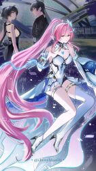  1boy 2girls absurdres aemeath_(wuthering_waves) asymmetrical_footwear bare_shoulders black_hair black_jacket boots breasts cleavage closed_mouth commentary covered_navel dual_persona ebonyblue00 elbow_gloves english_commentary female_rover_(wuthering_waves) gloves high_heel_boots high_heels highres jacket leotard long_hair looking_at_viewer low_ponytail male_rover_(wuthering_waves) medium_breasts multiple_girls pangu_terminal_(wuthering_waves) pink_hair ponytail rover_(wuthering_waves) showgirl_skirt single_ankle_boot single_thigh_boot skirt smile split_theme tacet_mark_(wuthering_waves) thigh_boots thighs twitter_username uneven_footwear very_long_hair white_boots white_gloves white_leotard white_skirt wuthering_waves yellow_eyes 