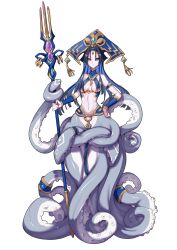  black_hair black_sclera blue_hair blue_hat breasts character_request colored_inner_hair colored_sclera commentary_request crossed_tentacles ether_glider female gold_trim hat highres holding holding_polearm holding_weapon linea_alba long_hair monster_girl multicolored_hair navel polearm purple_eyes scylla solo tassel trident weapon white_background z-ton 