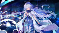  absurdres breasts chromatic_aberration colored_eyelashes dress female floating_hair grey_hair hair_ornament hair_over_one_eye halo hand_up highres id_card jacket long_hair looking_down mornye_(wuthering_waves) purple_dress red_eyes see-through_body sky small_breasts solo star_(sky) starry_sky very_long_hair white_jacket wuthering_waves zhiyingnianling 