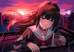  absurdres arm_cutout black_choker black_hair box chisa_(wuthering_waves) choker clothing_cutout commentary_request evening female food food_in_mouth hair_ribbon highres holding holding_box long_hair long_sleeves looking_at_viewer nail_polish neckerchief pocky pocky_in_mouth red_eyes red_nails red_neckerchief red_ribbon red_sky ribbon rooftop sailor_collar sdftehn sky solo tacet_mark_(wuthering_waves) white_sailor_collar wind wuthering_waves 