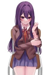  absurdres blazer blue_skirt blush brown_jacket chair collared_shirt commentary_request cowboy_shot doki_doki_literature_club doki_doki_literature_club_school_uniform female hand_on_own_arm hand_up highres jacket long_hair long_sidelocks moeti0302 neck_ribbon orange_vest purple_eyes purple_hair ribbon school_uniform self-harm shirt sidelocks sitting skirt smile solo sweatdrop vest white_shirt wrist_cutting yuri_(doki_doki_literature_club) 