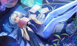  absurdres bilibili_watermark book breasts chinese_commentary colored_eyelashes commentary_request dress feet_out_of_frame female grey_hair hair_ornament highres holding holding_book holographic_interface looking_at_viewer lying mornye_(wuthering_waves) on_back paper parted_lips pillow purple_dress red_eyes see-through_body senemaru small_breasts solo wuthering_waves 