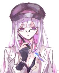  ame_00531 black_hat breasts bright_pupils cleavage colored_inner_hair commentary_request earrings female glasses gloves hand_up hat highres holding holding_pen honkai:_star_rail honkai_(series) jacket jewelry looking_at_viewer multicolored_hair nib_pen_(object) nihilux_(honkai:_star_rail) partially_fingerless_gloves pen pink_hair purple_eyes scarf semi-rimless_eyewear simple_background single_earring solo upper_body white_background white_hair white_jacket white_pupils 