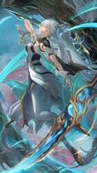  arm_up asukayou black_dress blue_ribbon boots breasts chinese_commentary closed_mouth coat colored_eyelashes commentary_request dress earrings female from_side full_body grey_eyes hair_ribbon high_heel_boots high_heels highres jewelry jinhsi_(wuthering_waves) jue_(wuthering_waves) kuji-in long_hair looking_at_viewer looking_to_the_side medium_breasts ribbon sword thigh_boots turning_head weapon white_boots white_coat white_eyelashes white_hair wuthering_waves 