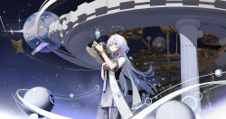  3d absurdres breasts chinese_commentary colored_eyelashes commentary_request crystal dress female grey_hair halo hand_on_own_chest hand_up highres jacket long_hair mixed_media mornye_(wuthering_waves) nuli_hua_de_ryu purple_dress purple_sky red_eyes see-through_body sky small_breasts solo space star_(sky) starry_sky white_jacket wuthering_waves 