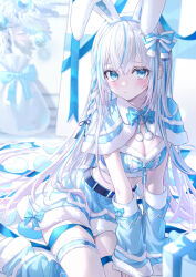  animal_ears belt black_belt black_ribbon blue_bow blue_bowtie blue_capelet blue_eyes blue_hair blue_hairband blue_ribbon blue_skirt blue_sleeves blush bow bowtie braid breasts capelet christmas cleavage closed_mouth commentary_request detached_sleeves expressionless fake_animal_ears female fur-trimmed_bow fur-trimmed_capelet fur-trimmed_skirt fur-trimmed_sleeves fur_trim gift hair_ribbon hairband hairbow heart highres kazunehaka long_hair medium_breasts multicolored_hair original pom_pom_(clothes) rabbit_ears revision ribbon sack santa_costume single_braid sitting skirt solo star_(symbol) streaked_hair thigh_strap two-tone_hair very_long_hair white_hair 