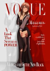  absurdres alternate_costume alternate_hairstyle ankle_boots barbell_piercing black_choker black_jacket boots breasts brown_boots brown_hair choker cleavage closed_mouth collarbone cover cropped_jacket dress english_text fake_magazine_cover female full_body fur-trimmed_jacket fur_trim hand_on_own_knee high_heel_boots high_heels highres jacket jewelry kono_subarashii_sekai_ni_shukufuku_wo! long_dress looking_at_viewer magazine_cover megumin nodark non-web_source piercing red_background red_eyes ring side_slit small_breasts solo standing standing_on_one_leg two-tone_background vogue_(magazine) white_background zoom_layer 