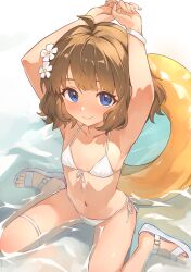  absurdres arms_up b1ack_illust bikini blue_eyes brown_hair closed_mouth commentary commission female flat_chest flower from_above front-tie_bikini_top front-tie_top hair_flower hair_ornament highres idolmaster idolmaster_million_live! innertube looking_at_viewer navel on_ground pixiv_commission sandals short_hair side-tie_bikini_bottom sitting smile solo string_bikini suou_momoko swim_ring swimsuit thigh_strap wariza water white_bikini white_flower white_sandals 