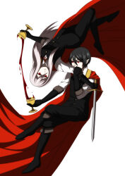  1boy black_gloves black_hair black_pants black_vest cape chalice cup erena_(pixiv_fantasia_last_saga) female gloves highres pale_skin pants pixiv_fantasia pixiv_fantasia_last_saga pointy_ears pouring red_cape red_eyes sword upside-down vector_guild_chief vest weapon white_background 