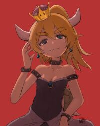  armlet bare_shoulders black_dress blonde_hair bowsette bracelet breasts cleavage closed_mouth collar commentary_request crown dress earrings fangs fangs_out female hair_between_eyes hand_up highres hikari151 horns jewelry long_hair looking_at_viewer mario_(series) new_super_mario_bros._u_deluxe red_background revision simple_background smile solo spiked_armlet spiked_bracelet spiked_collar spikes super_crown thick_eyebrows upper_body 