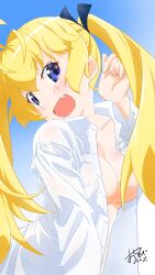  :d ahoge alternate_costume blonde_hair blue_background blue_eyes blush breasts cleavage clenched_hand collared_shirt commentary_request dress_shirt female gradient_background grisaia_(series) grisaia_no_kajitsu hair_between_eyes hand_up head_tilt highres large_breasts long_hair looking_at_viewer matsushima_michiru naked_shirt oerba_yun_fang open_clothes open_mouth open_shirt oshinobi_shinobu shirt signature simple_background smile solo thick_eyebrows twintails upper_body very_long_hair white_shirt 