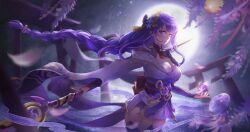  2girls asymmetrical_sleeves blunt_bangs braid breasts bridal_gauntlets cleavage commentary crescent engulfing_lightning_(genshin_impact) floating flower genshin_impact hair_ornament hair_ribbon highres holding holding_polearm holding_weapon huge_breasts japanese_clothes kimono lingerie long_braid looking_at_viewer looking_to_the_side makoto_(genshin_impact) manyu_chapaofan mitsudomoe_(shape) mole mole_under_eye moonlight multiple_girls night off_shoulder outdoors polearm purple_background purple_eyes purple_hair purple_kimono purple_thighhighs raiden_shogun red_sash ribbon sash seed shade siblings single_braid sisters solo_focus standing thighhighs thighs tomoe_(symbol) twins underwear uneven_sleeves weapon wide_sleeves wisteria 