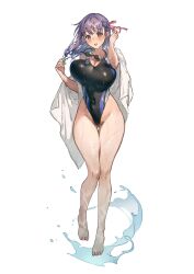  black_one-piece_swimsuit blush breasts cleavage commentary competition_swimsuit covered_navel eyewear_around_neck fate/stay_night fate_(series) full_body groin hair_ribbon hair_tie highleg highleg_one-piece_swimsuit highres holding holding_hair_tie large_breasts looking_at_viewer matou_sakura medium_hair one-piece_swimsuit open_mouth purple_eyes purple_hair red_ribbon ribbon shigure_(shigure_43) simple_background sunglasses sweat swimsuit symbol-only_commentary thigh_strap towel towel_on_one_shoulder water water_drop white_background 