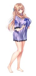  amakano_2 bare_legs barefoot blonde_hair blush braid breasts closed_mouth dress female full_body hair_between_eyes hand_up huge_breasts large_variant_set legs long_hair looking_at_viewer official_art piromizu purple_dress purple_eyes short_sleeves simple_background smile solo standing tachi-e tsutamachi_chitose variant_set white_background 