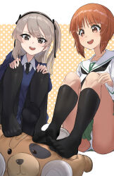  2girls absurdres black_necktie black_pantyhose black_sailor_collar black_socks blue_jacket blue_skirt blurry blush boko_(girls_und_panzer) brown_eyes brown_hair commentary feet foot_focus girls_und_panzer grey_eyes grey_hair hair_ribbon highres jacket lazurite_(user_8870367) long_hair looking_at_viewer multiple_girls necktie nishizumi_miho ooarai_school_uniform open_mouth panties pantyhose pantyshot ribbon sailor_collar school_uniform shimada_arisu shirt short_hair sitting skirt socks st._gloriana's_school_uniform stuffed_animal stuffed_toy teddy_bear teeth toes underwear upper_teeth_only white_panties white_shirt 