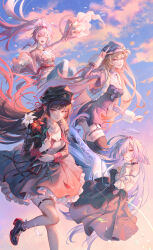  4girls absurdres aemeath_(wuthering_waves) black_hat blonde_hair breasts chisa_(wuthering_waves) choker cleavage commentary_request dress fishnet_pantyhose fishnets flower grin hair_ribbon halo hat highres holding holding_flower jewelry looking_at_viewer lynae_(wuthering_waves) mornye_(wuthering_waves) multiple_girls multiple_rings necklace newsboy_cap official_alternate_costume one_eye_closed outdoors pantyhose pink_hair red_flower red_ribbon ribbon ring sky smile tacet_mark_(wuthering_waves) tamaki_(tamaki599) v white_flower wuthering_waves 