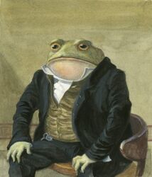  2011 amphibian big_pupils black_bottomwear black_clothing black_jacket black_pants black_topwear bottomwear chair clock clothing collared_shirt colonel_toad_(character) colonel_toad_(meme) dress_shirt formal_wear frog furniture green_background green_body green_clothing green_shirt green_skin green_topwear inspired_by_formal_art jacket male meme meme_origin meme_pose on_chair painting painting_(artwork) pants pocketwatch pose pupils sgtghostie shirt simple_background sitting sitting_on_chair solo style_emulation suit suit_jacket three_piece_suit toad_(frog) toad_humanoid topwear watch watercolor_(artwork) white_undershirt yellow_sclera 