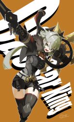  absurdres belt black_horns black_jacket black_thighhighs breasts brown_background caesar_king_(zenless_zone_zero) character_name cleavage commentary_request cowboy_shot fake_horns female fur-trimmed_jacket fur_trim green_eyes green_hair hair_between_eyes hair_intakes highres holding holding_shield holding_sword holding_weapon horns jacket large_breasts long_hair open_mouth outstretched_arm prosthesis prosthetic_arm shield solo sword thighhighs weapon zenless_zone_zero zeroartwo 