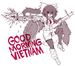  :d absurdres bird_wings black_hair black_panties black_wings bow commentary english_commentary english_text female full_body gun hairbow highres holding holding_gun holding_weapon long_hair looking_at_viewer panties partially_colored rampa93 red_eyes reiuji_utsuho shirt sidelocks simple_background skirt smile solo thighhighs third_eye touhou underwear weapon wings 