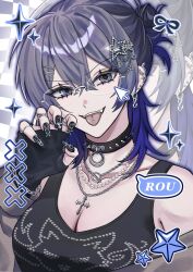  aka_saki1 alternate_costume alternate_hairstyle black_gloves black_nails black_tank_top blue_eyes character_name choker claw_pose colored_speech_bubble commentary cross cross_necklace cursor ear_piercing female fingerless_gloves genderswap_(mtf) glasses gloves grey_hair grey_jacket hair_ornament hairclip half_updo hand_up highres jacket jewelry koyanagi_rou looking_at_viewer multicolored_hair multiple_rings necklace nijisanji open_clothes open_jacket pearl_necklace piercing print_tank_top ring rule_63 smile speech_bubble spiked_choker spikes star_(symbol) star_hair_ornament symbol-only_commentary tank_top teeth tongue tongue_out tongue_piercing two-tone_hair upper_body upper_teeth_only virtual_youtuber 