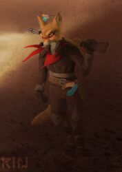  2026 5_fingers absurd_res anthro beak belt bodypaint brown_body brown_eyes brown_fur brown_nose canid canine canis clothed clothed_anthro clothed_female clothing colored coyote detailed detailed_background digital_drawing_(artwork) digital_media_(artwork) dust dust_cloud ear_piercing ear_ring ear_tuft face_paint facial_markings feathers female fingers front_view full-length_portrait fur glistening glistening_eyes gloves gun handwear head_markings hi_res holding_object holding_weapon holster hyacinth1971 kerchief knee_pads laika_aged_through_blood mammal markings piercing portrait ranged_weapon rin_(rin_cursed_by_blood) rin_cursed_by_blood ring_piercing shaded signature solo standing tail tan_body tan_fur tuft walking watermark weapon wind 