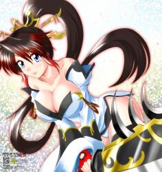  artist_name black_hair blue_eyes boots breasts cleavage commentary dress female highres holding holding_sword holding_weapon large_breasts long_hair multicolored_hair nanbu_kaguya negimura_kisara ponytail red_hair smile solo super_robot_wars super_robot_wars_og_saga_mugen_no_frontier super_robot_wars_og_saga_mugen_no_frontier_exceed sword thigh_boots two-tone_hair weapon white_dress 