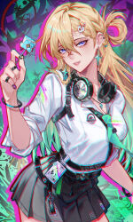  absurdres black_nails black_skirt blonde_hair braid braided_bangs breasts charm_(object) chromatic_aberration clang_bang_(wuthering_waves) colorful_background commentary cowboy_shot earrings female fingernails gradient_hair green_hair green_necktie hair_between_eyes hair_ornament hand_up headphones headphones_around_neck heavy_chromatic_aberration highres hujiao_huajiao_fen id_card jewelry long_hair looking_at_viewer lynae_(wuthering_waves) medium_breasts multicolored_hair nail_polish necktie parted_lips purple_eyes shirt shirt_tucked_in skirt skull_hair_ornament smile solo star_(symbol) star_earrings white_shirt wuthering_waves 