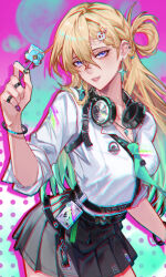  absurdres black_nails black_skirt blonde_hair braid braided_bangs breasts charm_(object) chromatic_aberration clang_bang_(wuthering_waves) colorful_background commentary cowboy_shot earrings female fingernails gradient_hair green_hair green_necktie hair_between_eyes hair_ornament hand_up headphones headphones_around_neck heavy_chromatic_aberration highres hujiao_huajiao_fen id_card jewelry long_hair looking_at_viewer lynae_(wuthering_waves) medium_breasts multicolored_hair nail_polish necktie parted_lips purple_eyes shirt shirt_tucked_in skirt skull_hair_ornament smile solo star_(symbol) star_earrings white_shirt wuthering_waves 