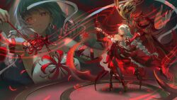  asukayou beamed_eighth_notes black_pantyhose black_skirt blood blood_from_eyes braid breasts chinese_commentary commentary_request detached_sleeves dress earrings female flower grey_eyes grey_hair halter_dress halterneck hecate_(wuthering_waves) heterochromia highres holding holding_flower jewelry long_hair looking_at_viewer low_twin_braids medium_breasts multicolored_hair musical_note pantyhose parted_lips phrolova_(wuthering_waves) red_dress red_eyes single_detached_sleeve skirt smile spider_lily streaked_hair tacet_discord_(wuthering_waves) tacet_mark_(wuthering_waves) twin_braids wuthering_waves 